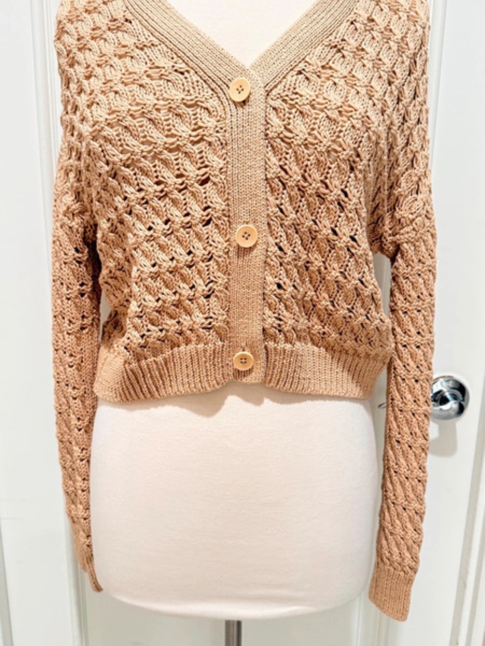 Vince Open-Weave V-Neck Cropped Cardigan in Camel